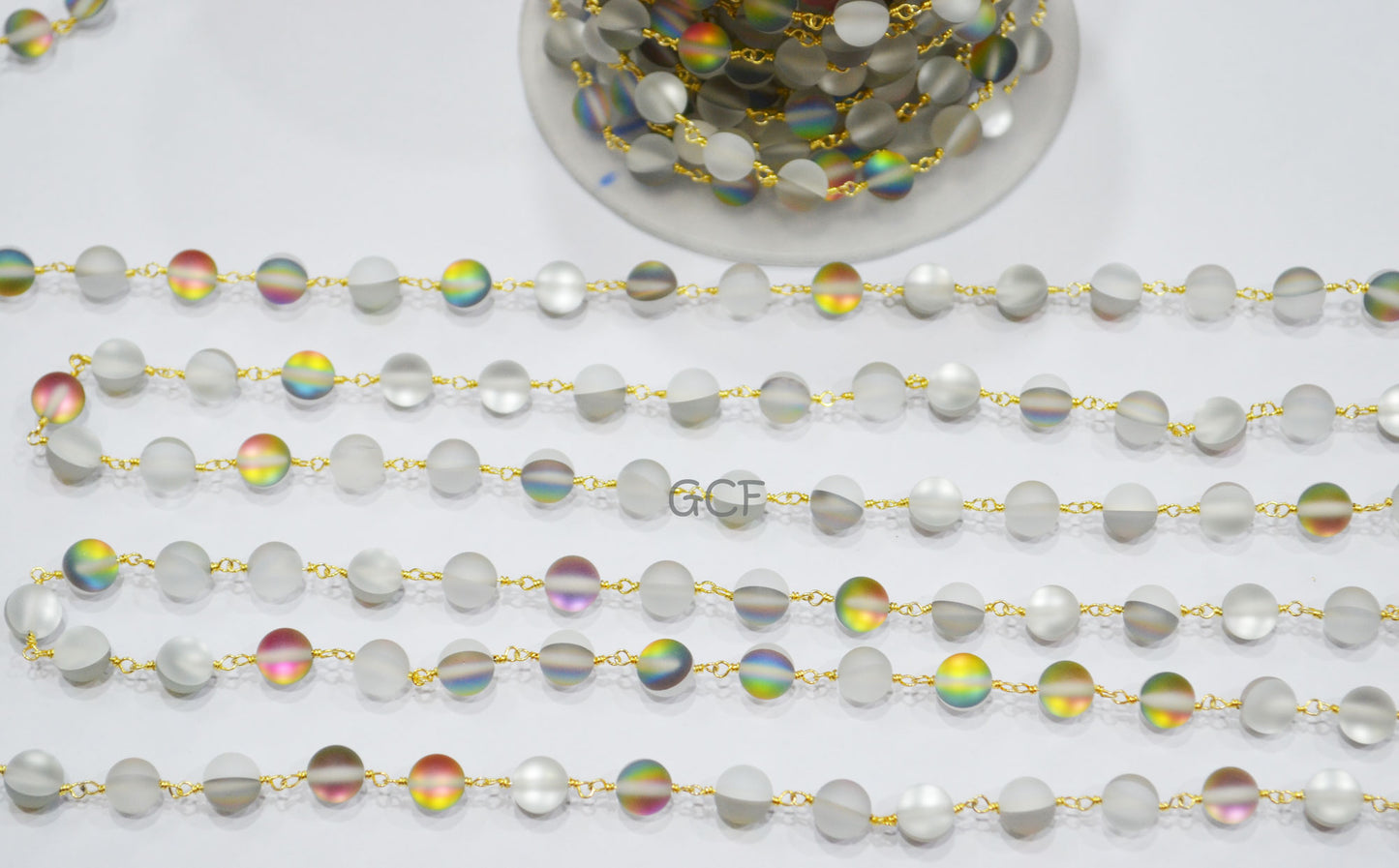 White And Grey Doublet Hydro Glass Smooth Rosary Chain , White And Grey Doublet Hydro Glass Round Shape Wire Wrapped Chain , 8 mm ,RB-7109