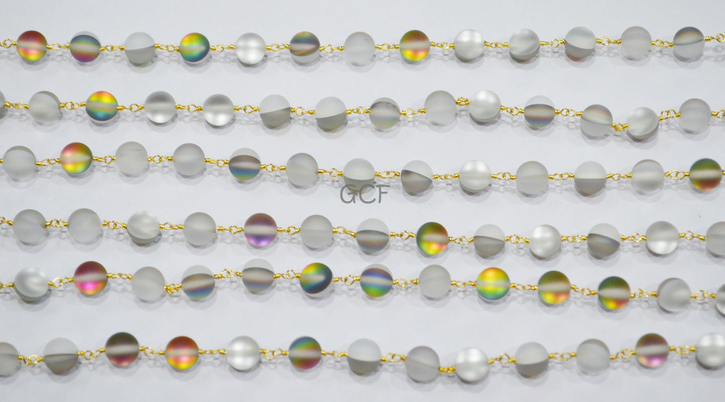 White And Grey Doublet Hydro Glass Smooth Rosary Chain , White And Grey Doublet Hydro Glass Round Shape Wire Wrapped Chain , 8 mm ,RB-7109
