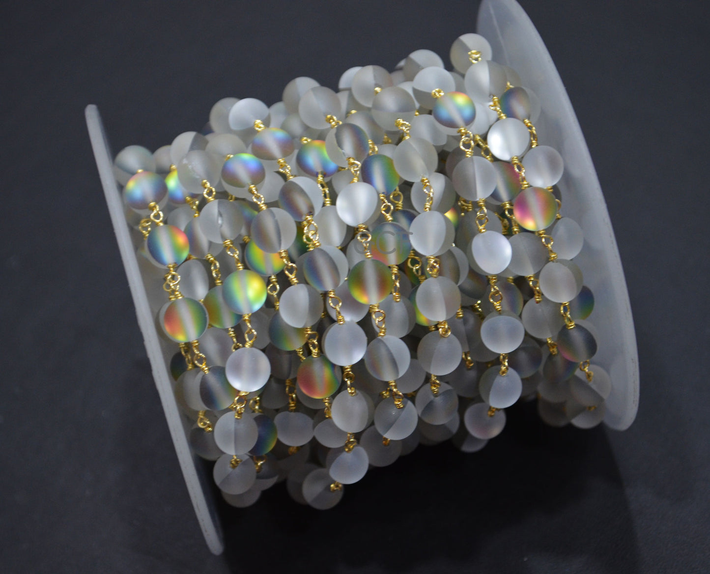 White And Grey Doublet Hydro Glass Smooth Rosary Chain , White And Grey Doublet Hydro Glass Round Shape Wire Wrapped Chain , 8 mm ,RB-7109