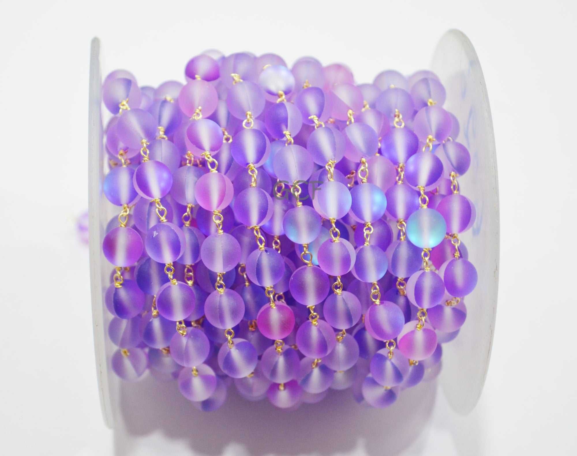 Purple Moonstone Doublet Hydro Glass Smooth Rosary Chain , Purple Moonstone Doublet Round Shape Wire Wrapped Chain , 8 mm , RB-7110