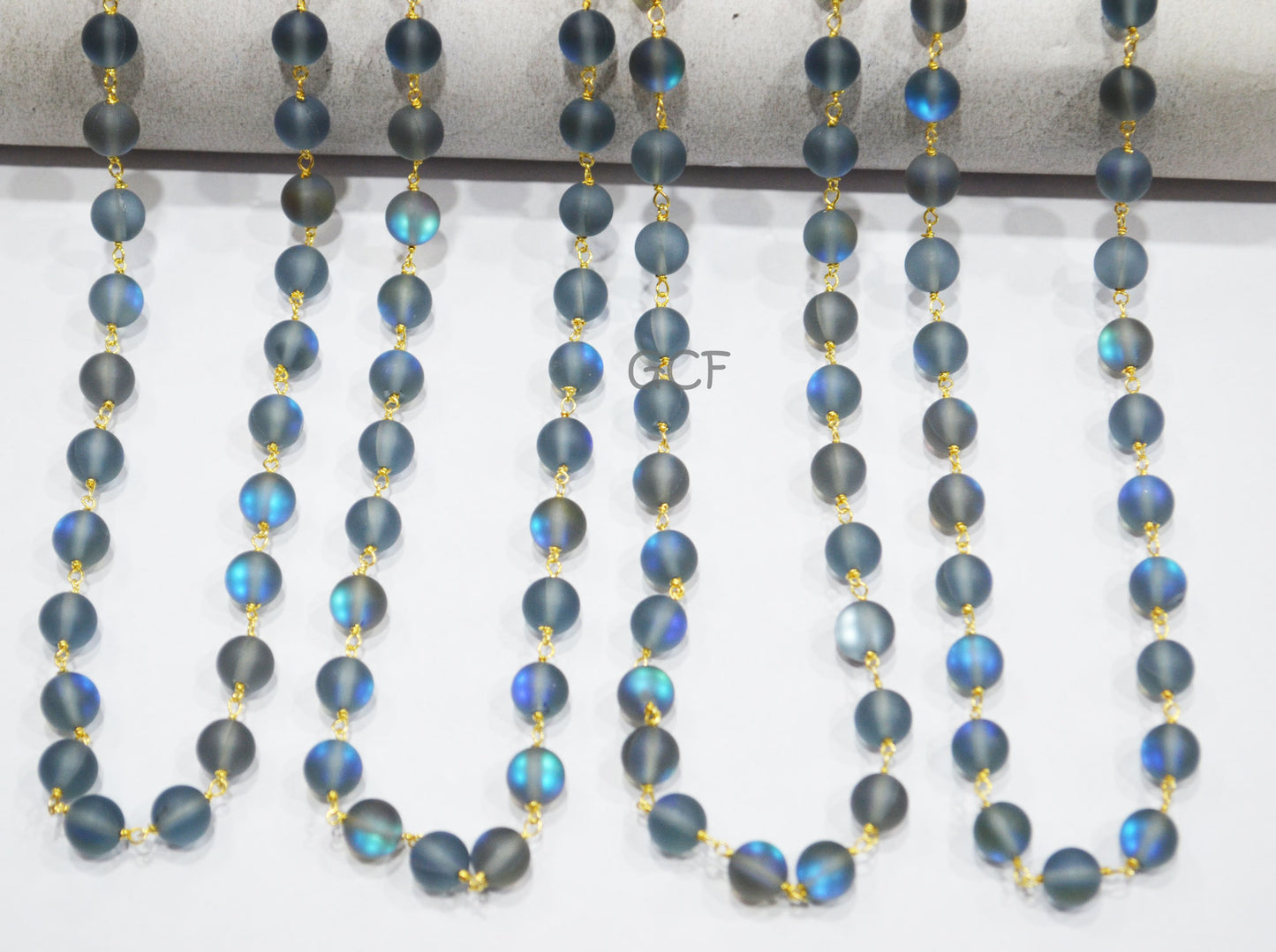 Black Rainbow Moonstone Doublet Hydro Glass Smooth Rosary Chain , Black Rainbow Moonstone Round Shape Wire Wrapped Chain , 8 mm , RB-7111