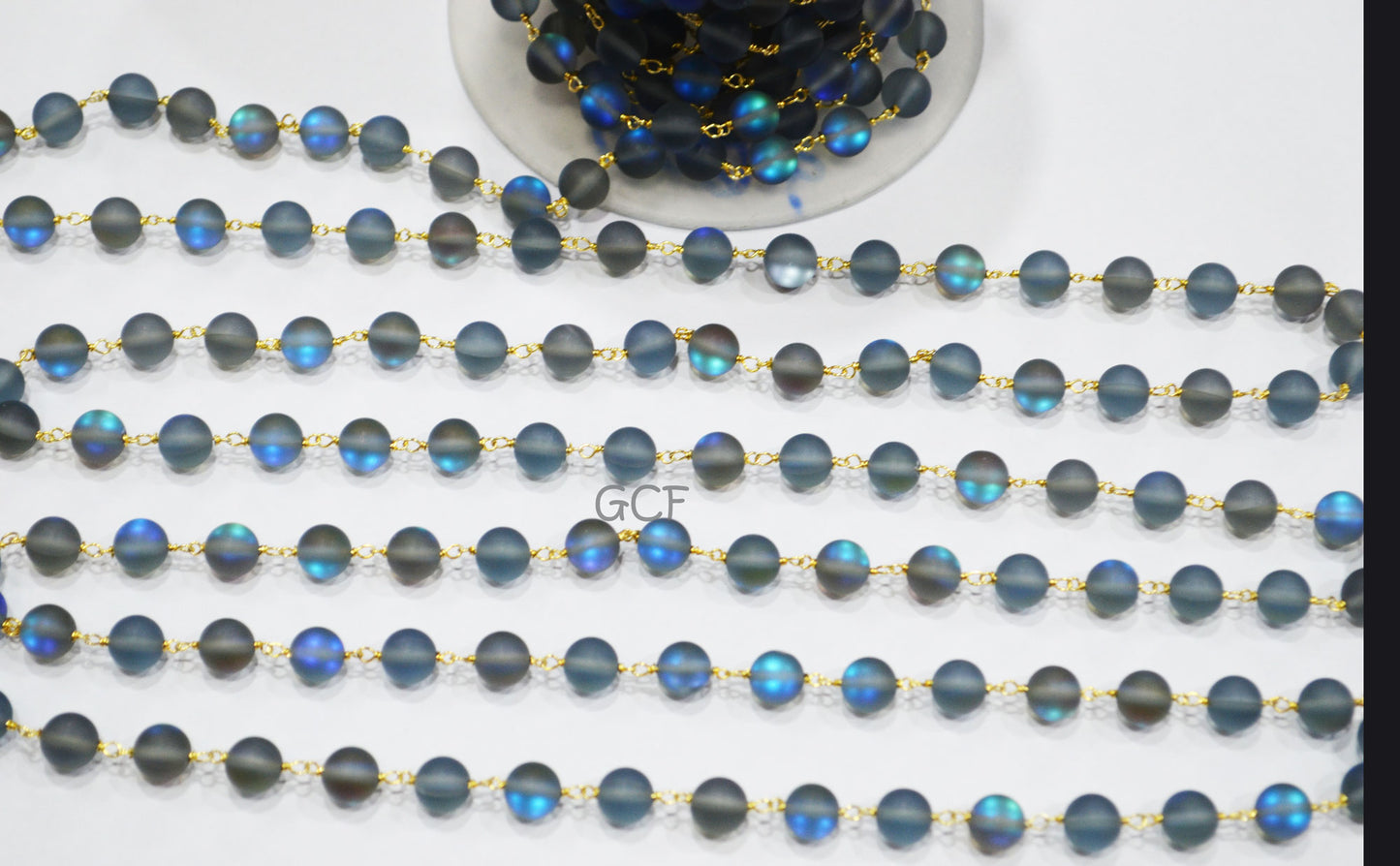 Black Rainbow Moonstone Doublet Hydro Glass Smooth Rosary Chain , Black Rainbow Moonstone Round Shape Wire Wrapped Chain , 8 mm , RB-7111