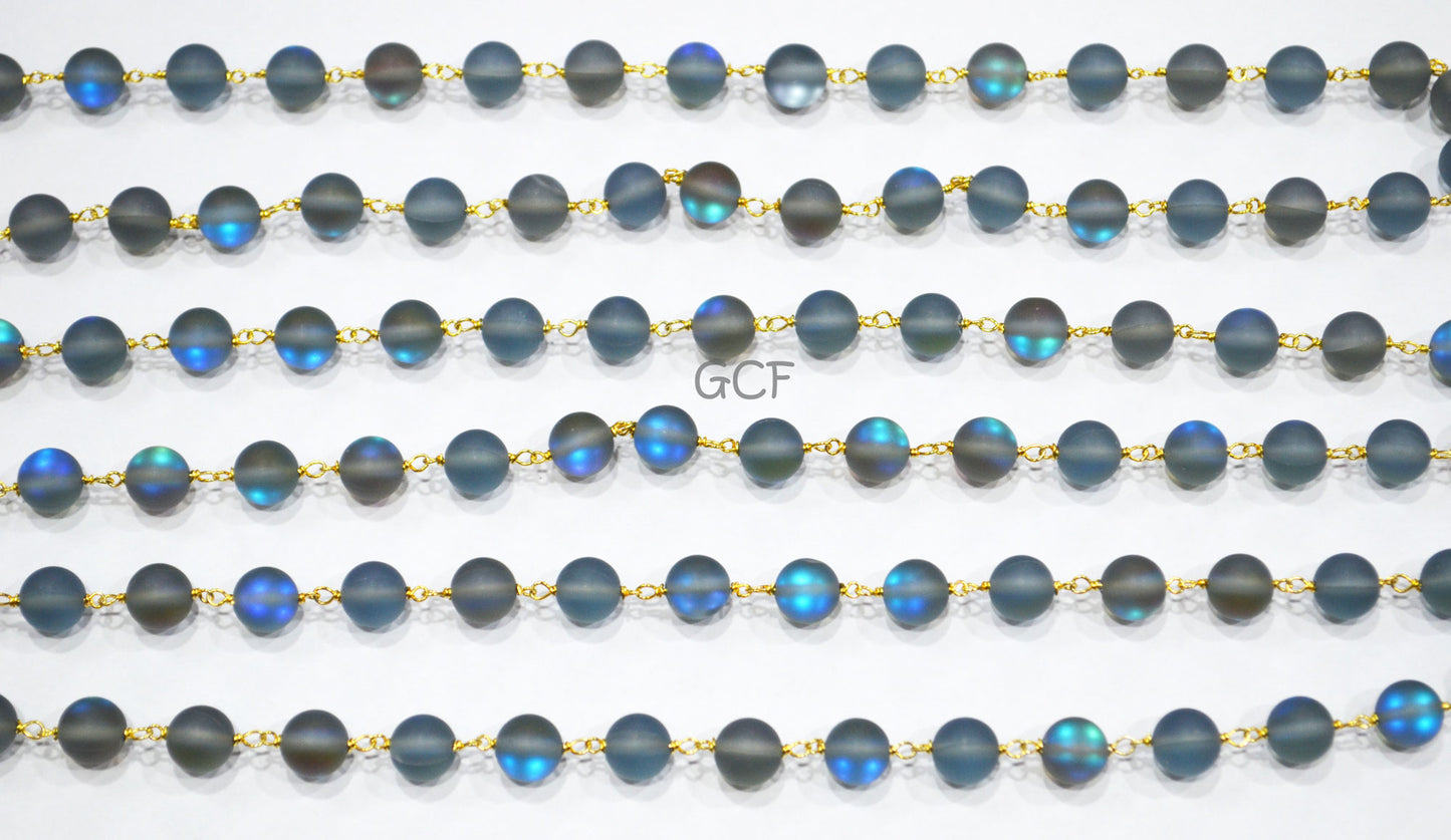 Black Rainbow Moonstone Doublet Hydro Glass Smooth Rosary Chain , Black Rainbow Moonstone Round Shape Wire Wrapped Chain , 8 mm , RB-7111