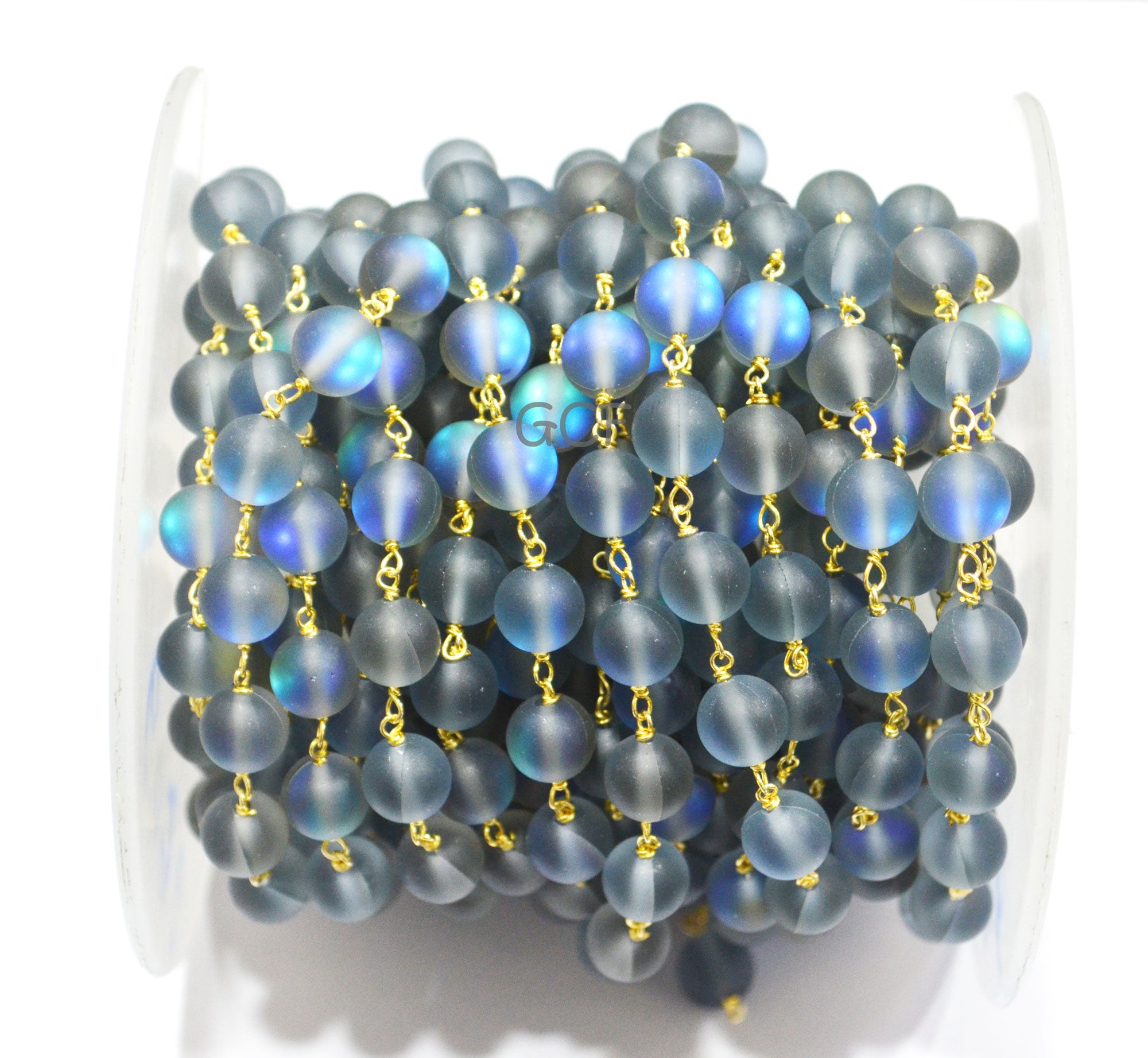 Black Rainbow Moonstone Doublet Hydro Glass Smooth Rosary Chain , Black Rainbow Moonstone Round Shape Wire Wrapped Chain , 8 mm , RB-7111