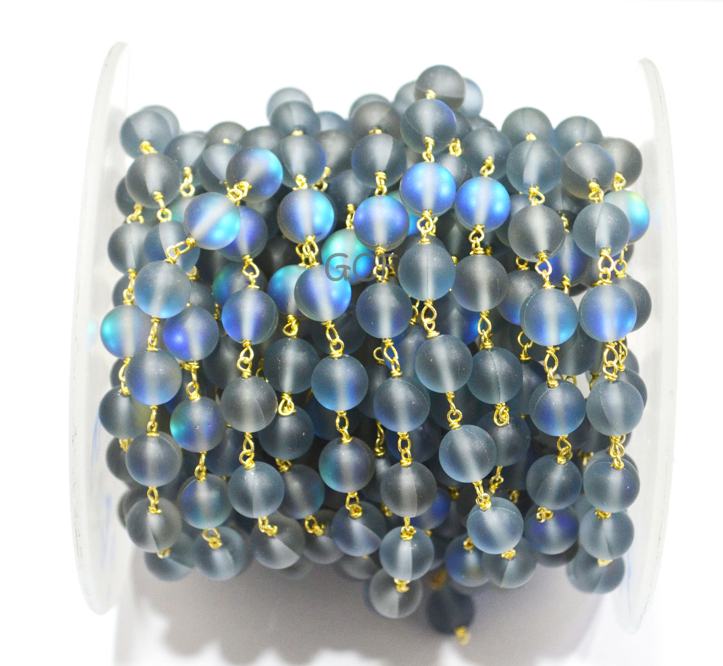 Black Rainbow Moonstone Doublet Hydro Glass Smooth Rosary Chain , Black Rainbow Moonstone Round Shape Wire Wrapped Chain , 8 mm , RB-7111