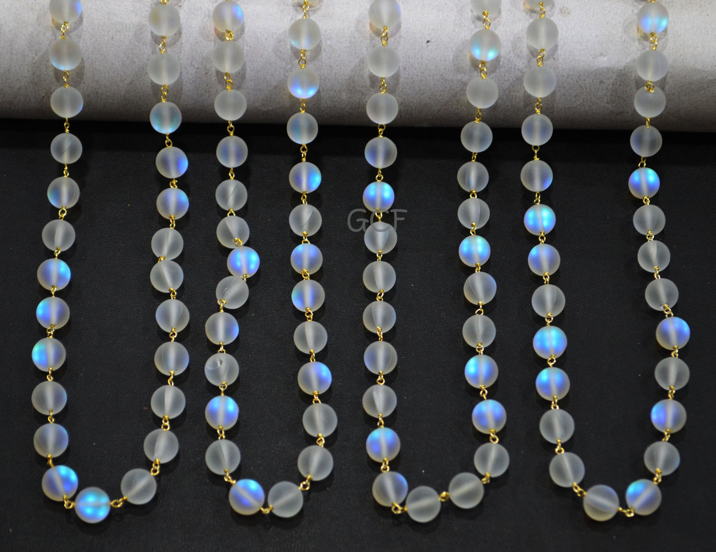 White Moonstone Doublet Hydro Glass Smooth Rosary Beaded Chain , White Doublet Hydro Glass Round Shape Wire Wrapped Chain , 8 mm , RB-7113