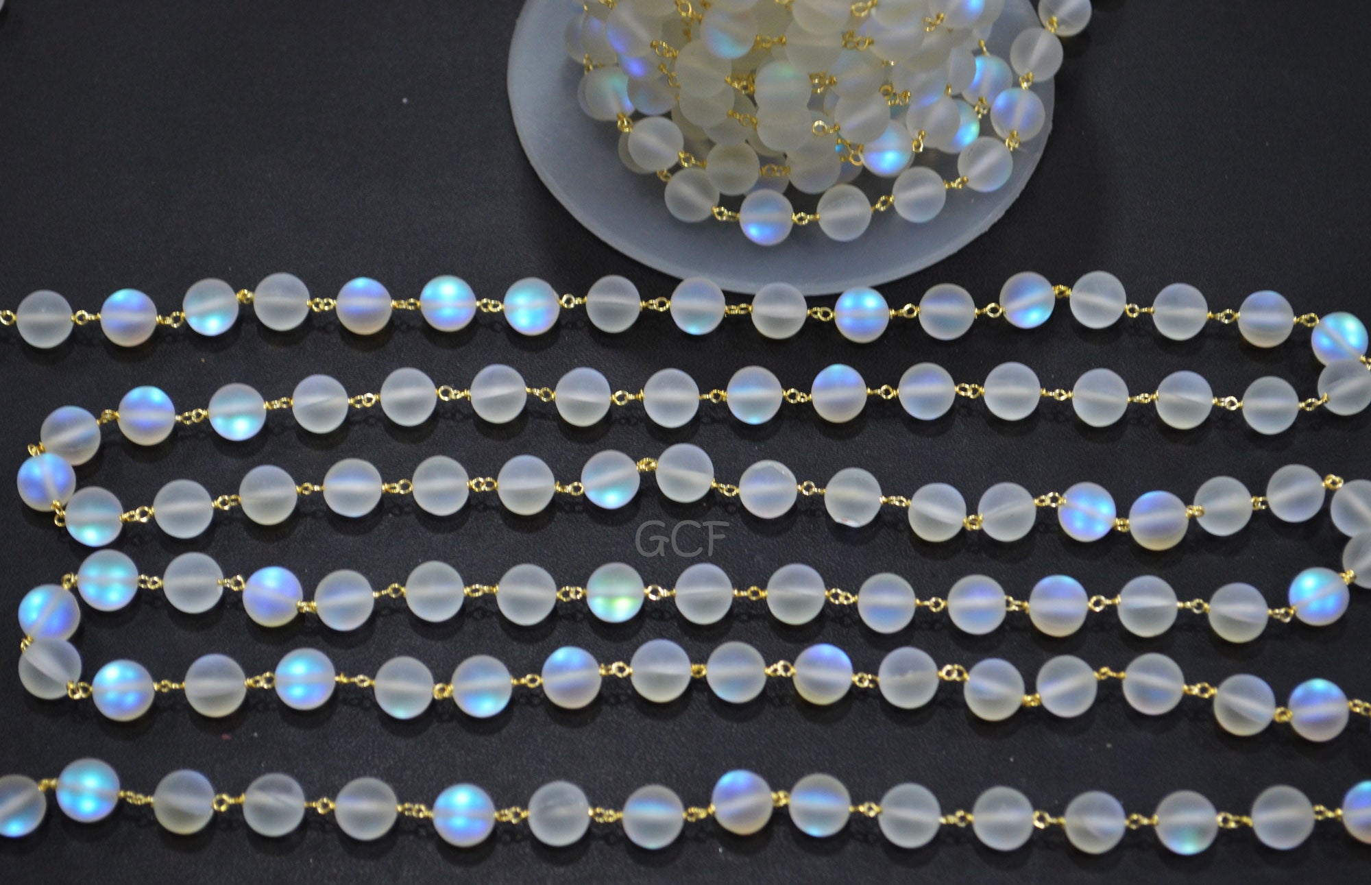 White Moonstone Doublet Hydro Glass Smooth Rosary Beaded Chain , White Doublet Hydro Glass Round Shape Wire Wrapped Chain , 8 mm , RB-7113