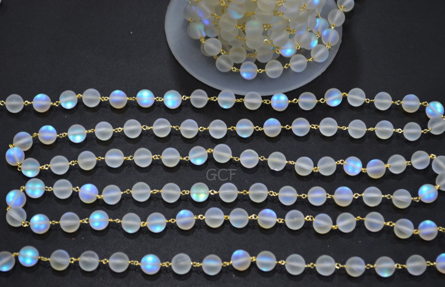 White Moonstone Doublet Hydro Glass Smooth Rosary Beaded Chain , White Doublet Hydro Glass Round Shape Wire Wrapped Chain , 8 mm , RB-7113