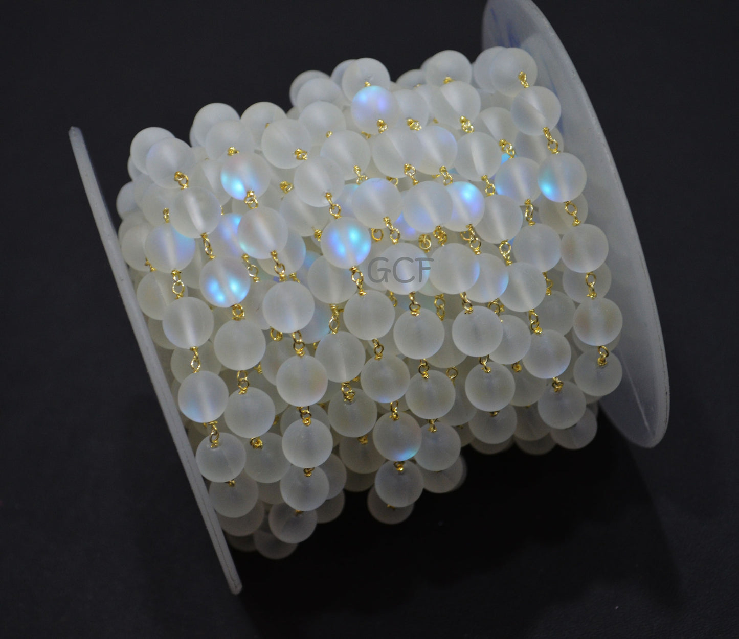 White Moonstone Doublet Hydro Glass Smooth Rosary Beaded Chain , White Doublet Hydro Glass Round Shape Wire Wrapped Chain , 8 mm , RB-7113