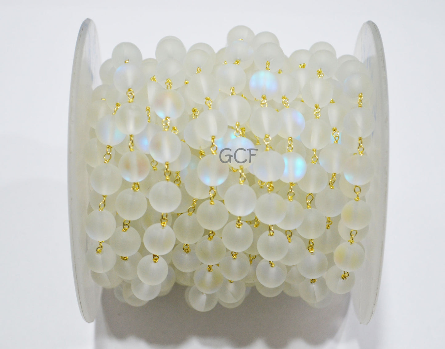 White Moonstone Doublet Hydro Glass Smooth Rosary Beaded Chain , White Doublet Hydro Glass Round Shape Wire Wrapped Chain , 8 mm , RB-7113