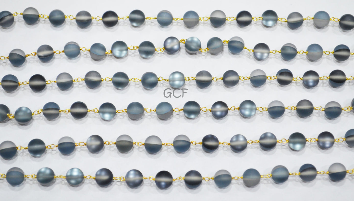 Black Moonstone Doublet Hydro Glass Smooth Rosary Chain ,Black Moonstone Doublet Hydro Glass Round Shape Wire Wrapped Chain ,8 mm ,RB-7114