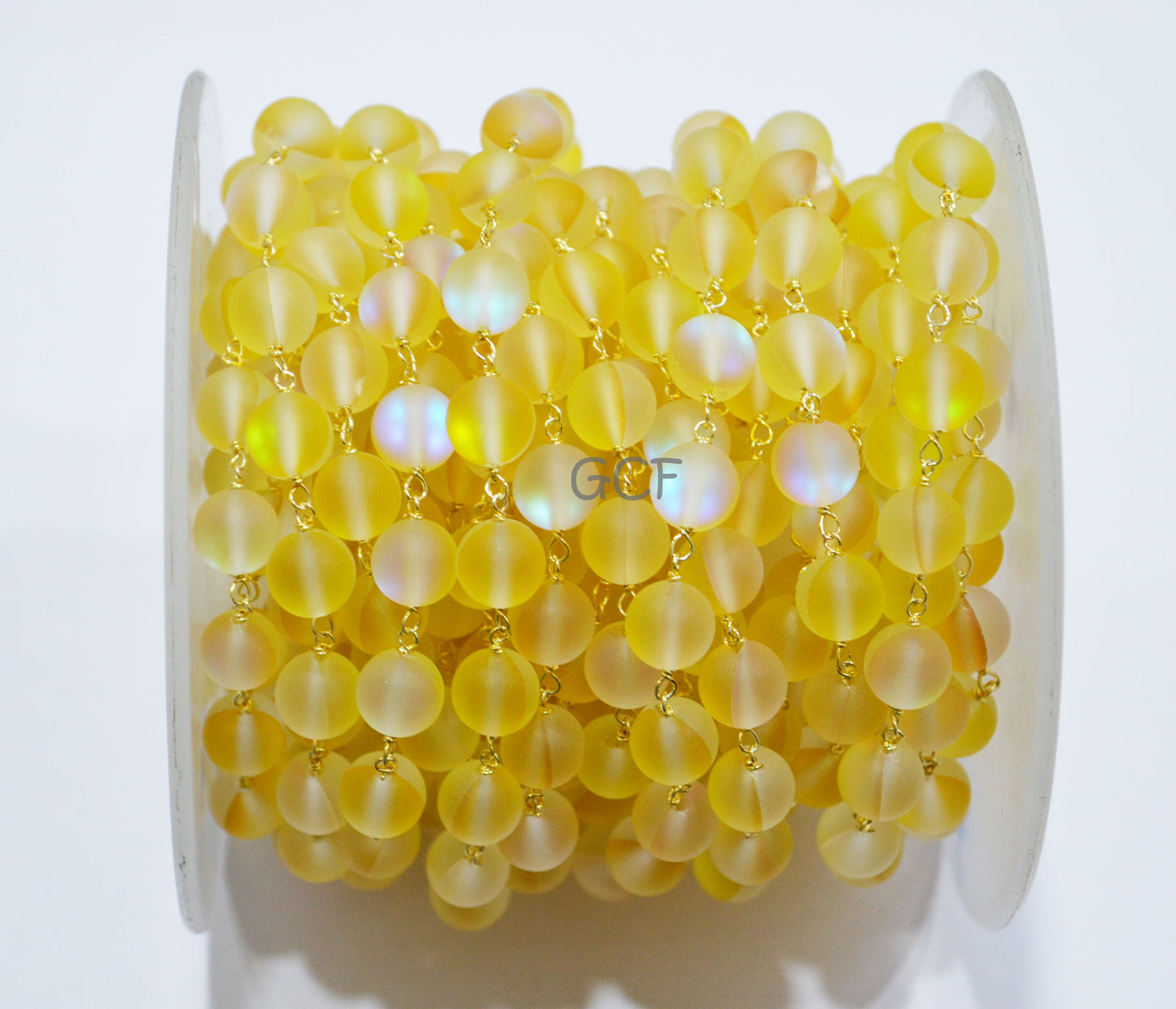 Yellow Doublet Hydro Glass Smooth Rosary Beaded Chain , Yellow Doublet Hydro Glass Round Shape Wire Wrapped Chain , 8 mm , RB-7115