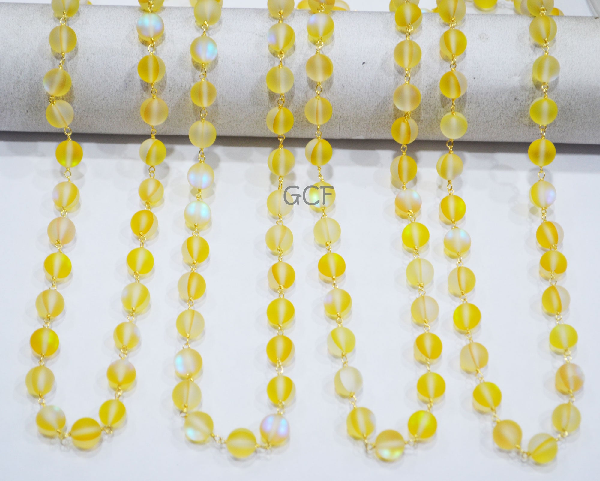 Yellow Doublet Hydro Glass Smooth Rosary Beaded Chain , Yellow Doublet Hydro Glass Round Shape Wire Wrapped Chain , 8 mm , RB-7115