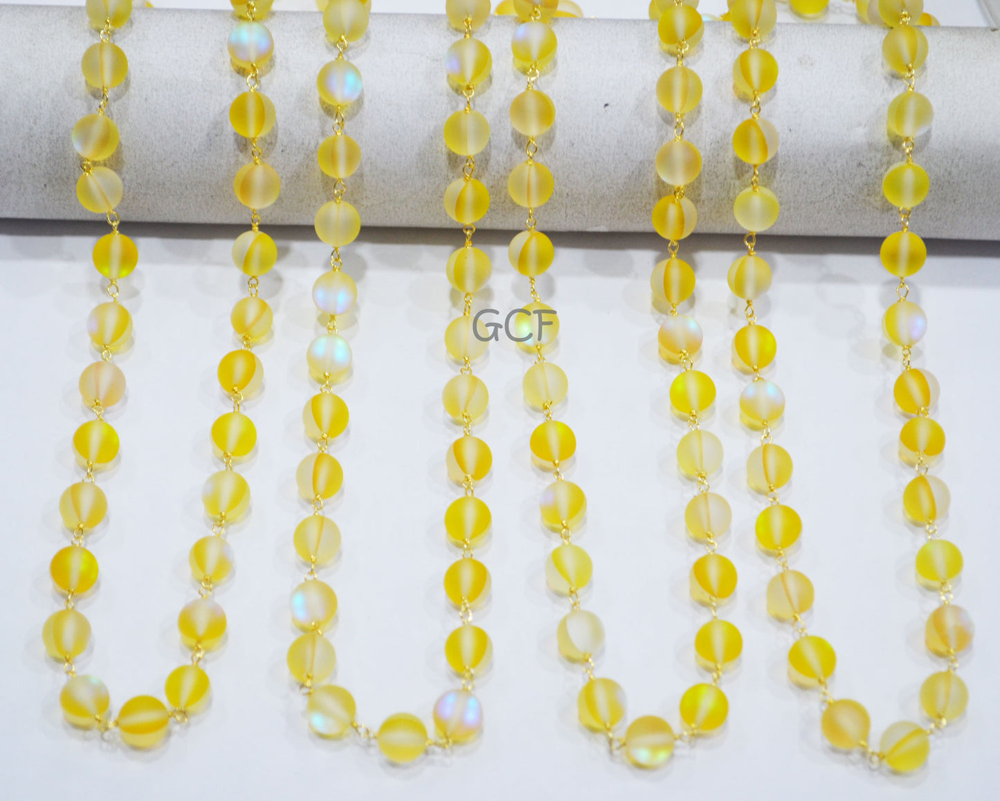 Yellow Doublet Hydro Glass Smooth Rosary Beaded Chain , Yellow Doublet Hydro Glass Round Shape Wire Wrapped Chain , 8 mm , RB-7115
