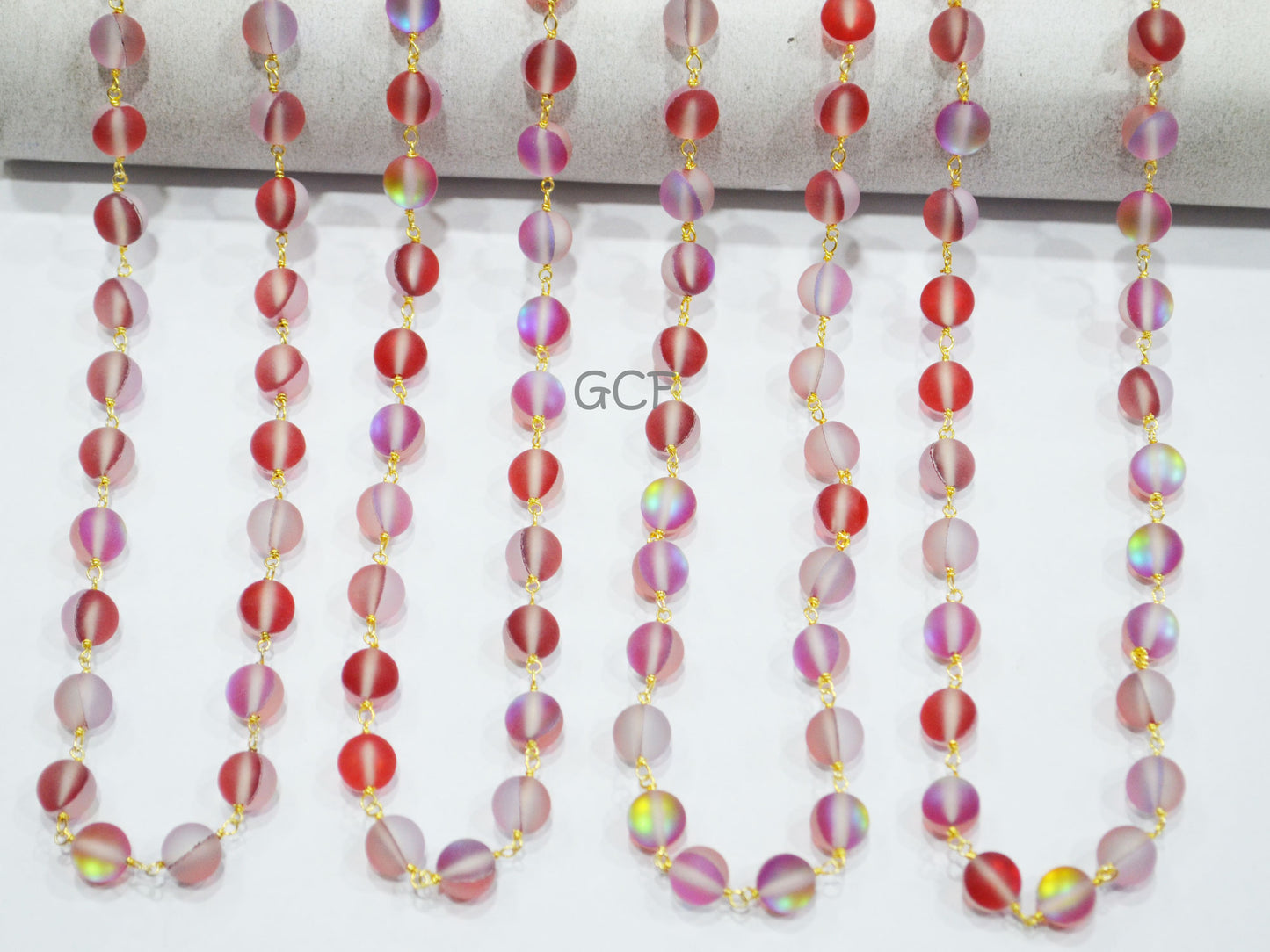 Red Rainbow Moonstone Doublet Hydro Glass Smooth Rosary Chain , Red Rainbow Moonstone Round Shape Wire Wrapped Chain , 8 mm , RB-7116