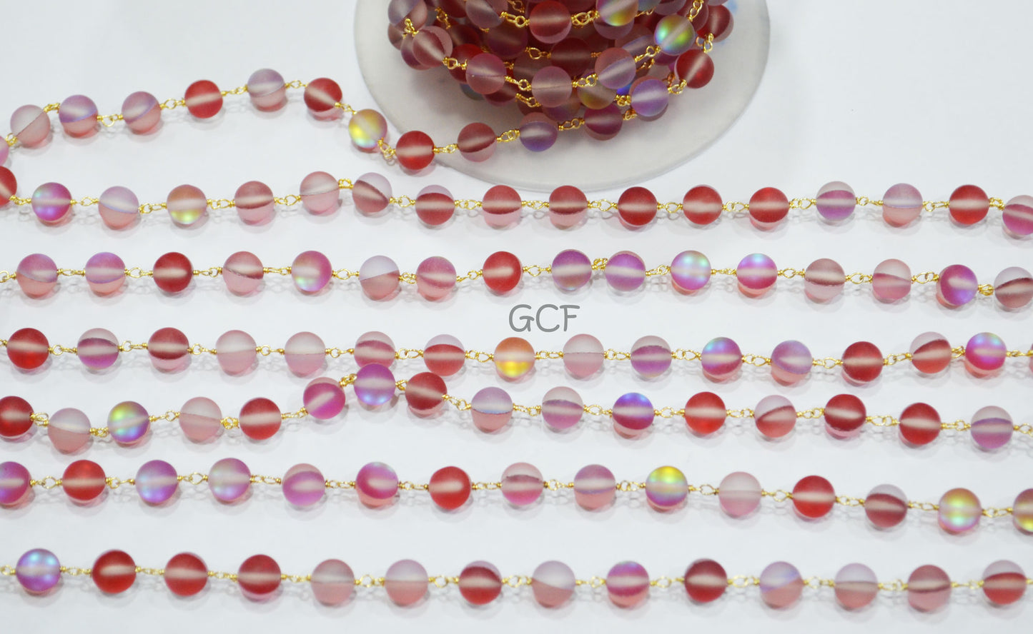 Red Rainbow Moonstone Doublet Hydro Glass Smooth Rosary Chain , Red Rainbow Moonstone Round Shape Wire Wrapped Chain , 8 mm , RB-7116