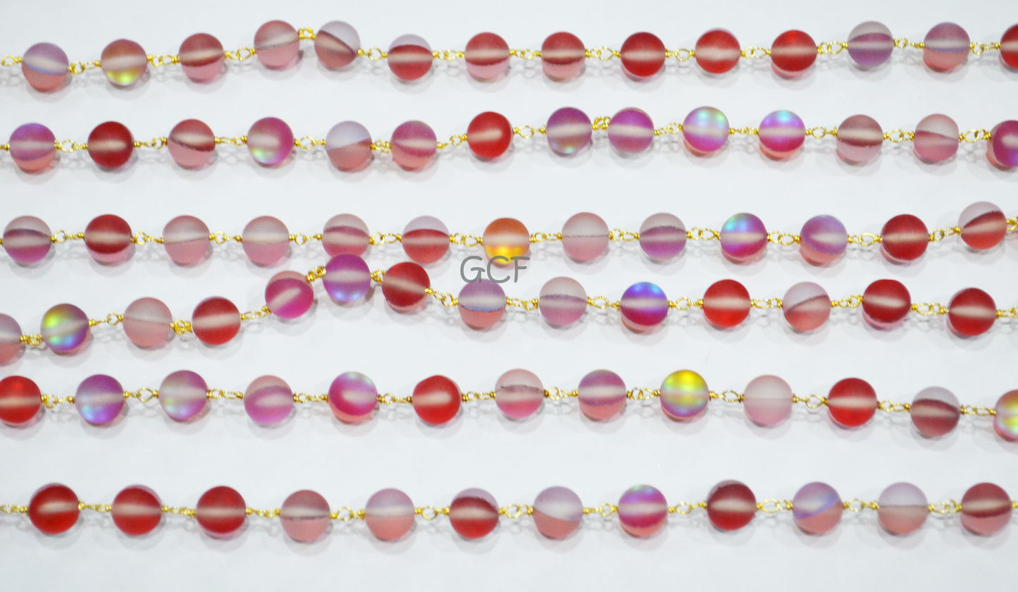 Red Rainbow Moonstone Doublet Hydro Glass Smooth Rosary Chain , Red Rainbow Moonstone Round Shape Wire Wrapped Chain , 8 mm , RB-7116