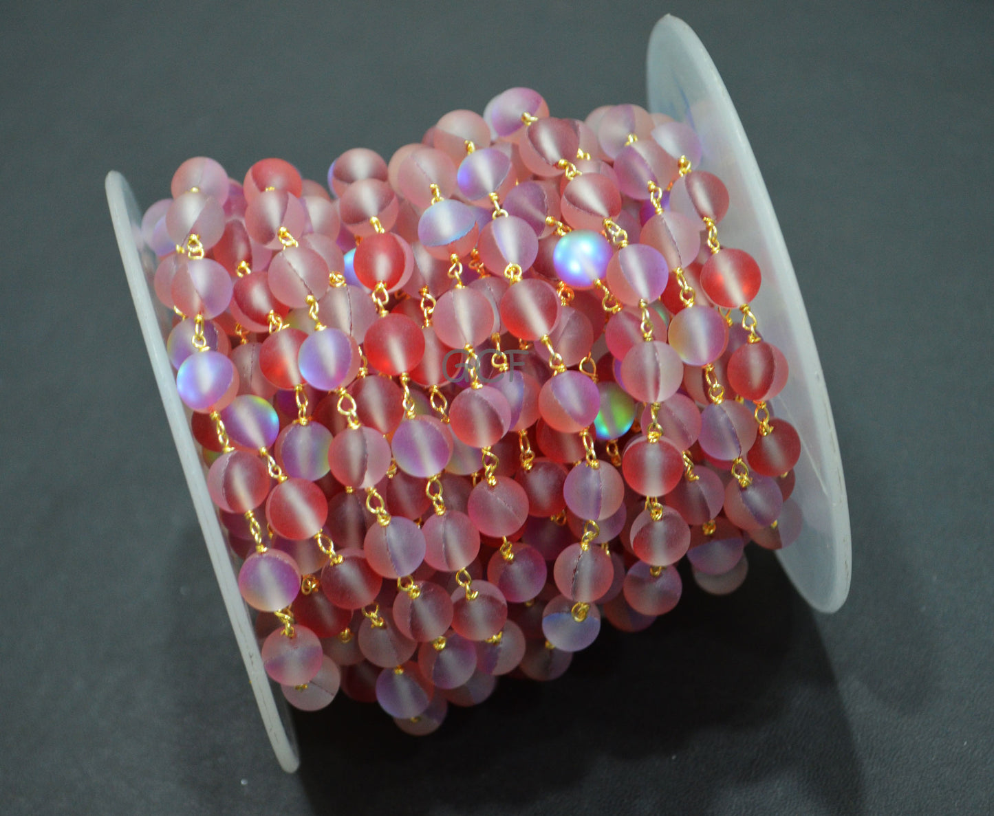 Red Rainbow Moonstone Doublet Hydro Glass Smooth Rosary Chain , Red Rainbow Moonstone Round Shape Wire Wrapped Chain , 8 mm , RB-7116