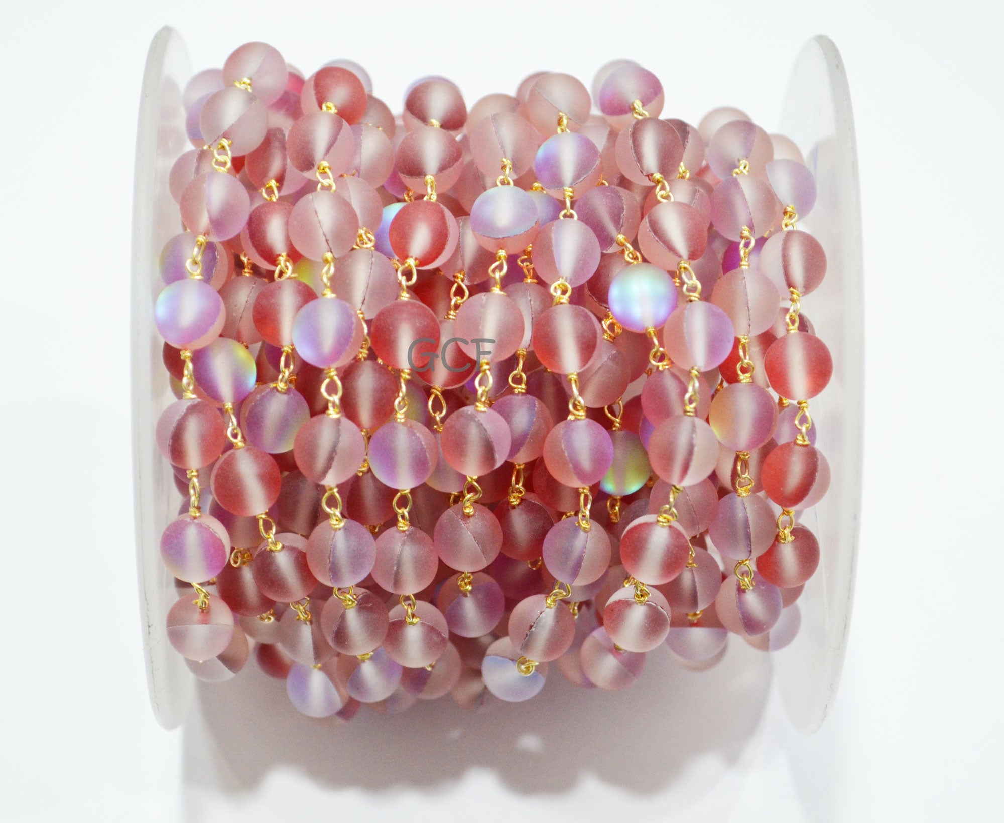 Red Rainbow Moonstone Doublet Hydro Glass Smooth Rosary Chain , Red Rainbow Moonstone Round Shape Wire Wrapped Chain , 8 mm , RB-7116