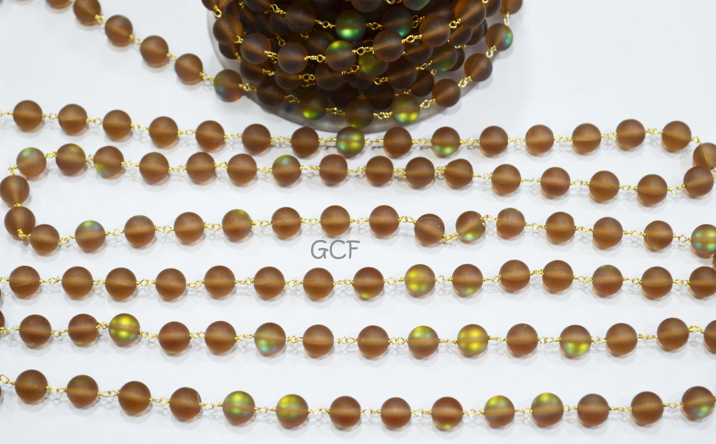 Brown Doublet Hydro Glass Smooth Rosary Beaded Chain , Brown Doublet Hydro Glass Round Shape Wire Wrapped Chain , 8 mm , RB-7117