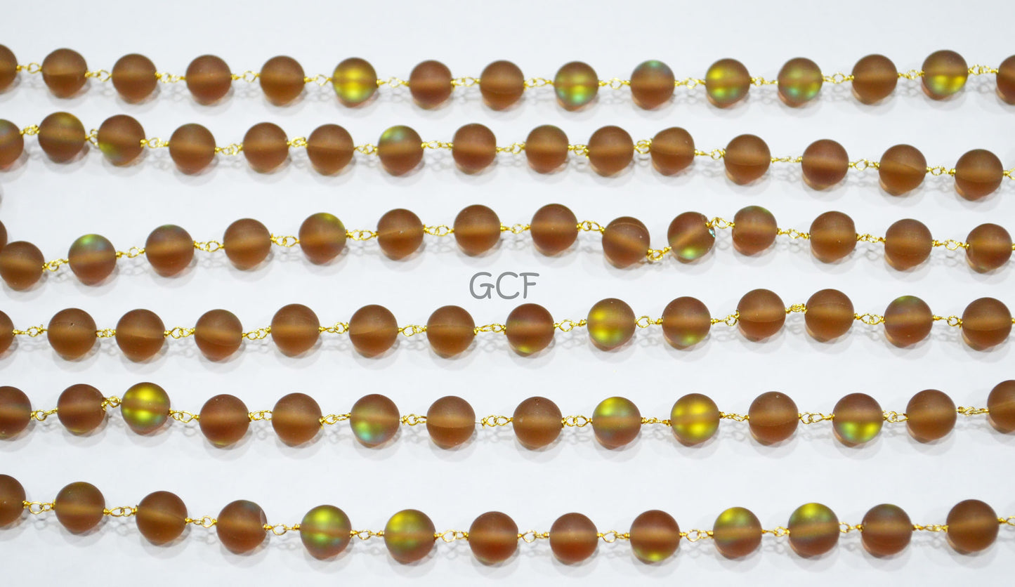Brown Doublet Hydro Glass Smooth Rosary Beaded Chain , Brown Doublet Hydro Glass Round Shape Wire Wrapped Chain , 8 mm , RB-7117