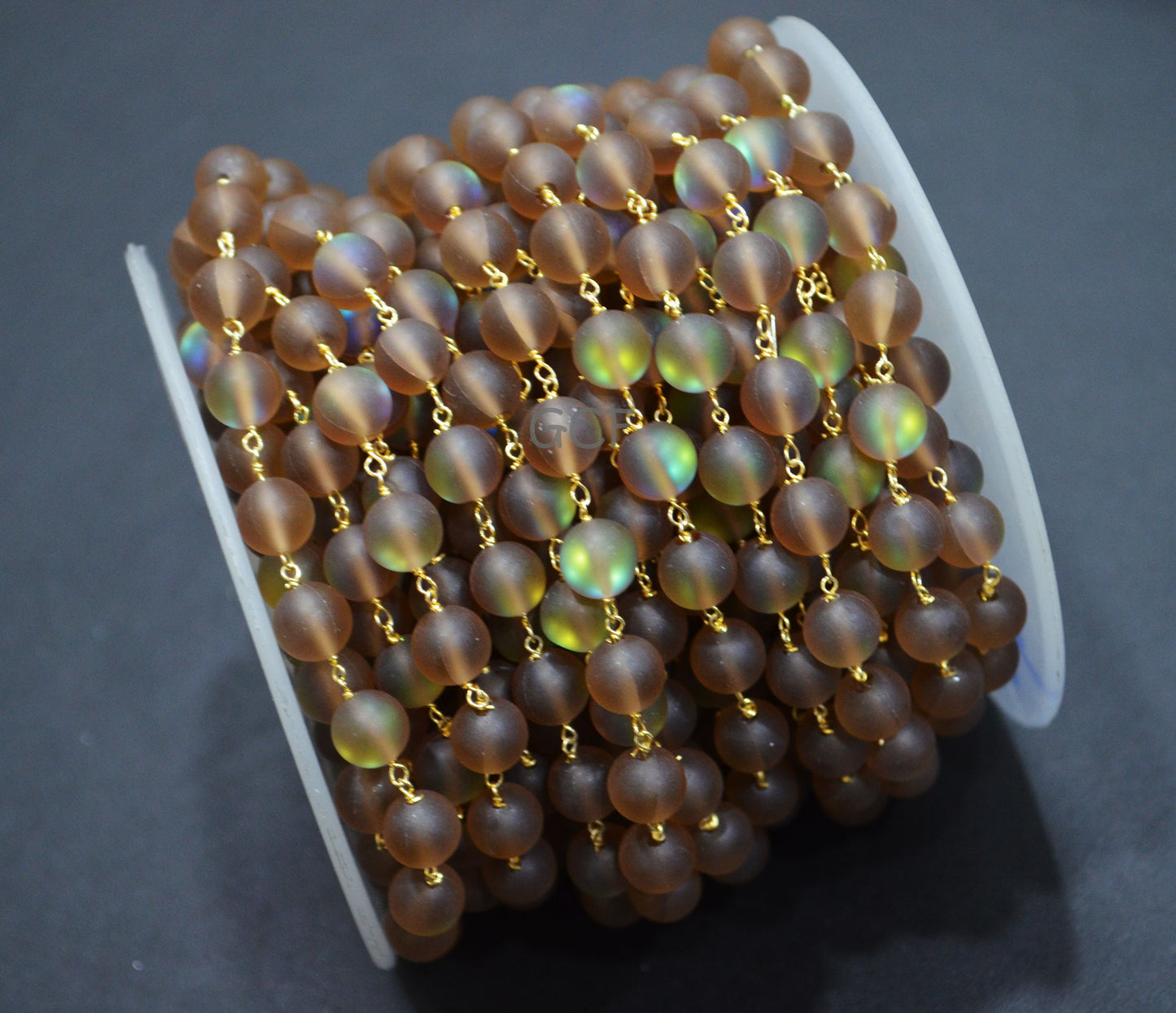 Brown Doublet Hydro Glass Smooth Rosary Beaded Chain , Brown Doublet Hydro Glass Round Shape Wire Wrapped Chain , 8 mm , RB-7117