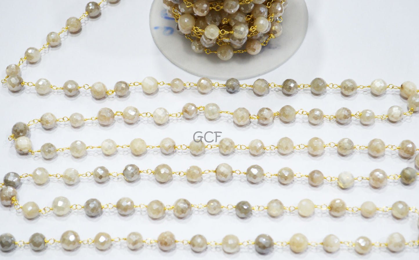 Mystic Ceylon Moonstone Faceted Round Shape Rosary Beaded Chain , Mystic Ceylon Moonstone Wire Wrapped Chain , 7 - 9 mm , RB-7118
