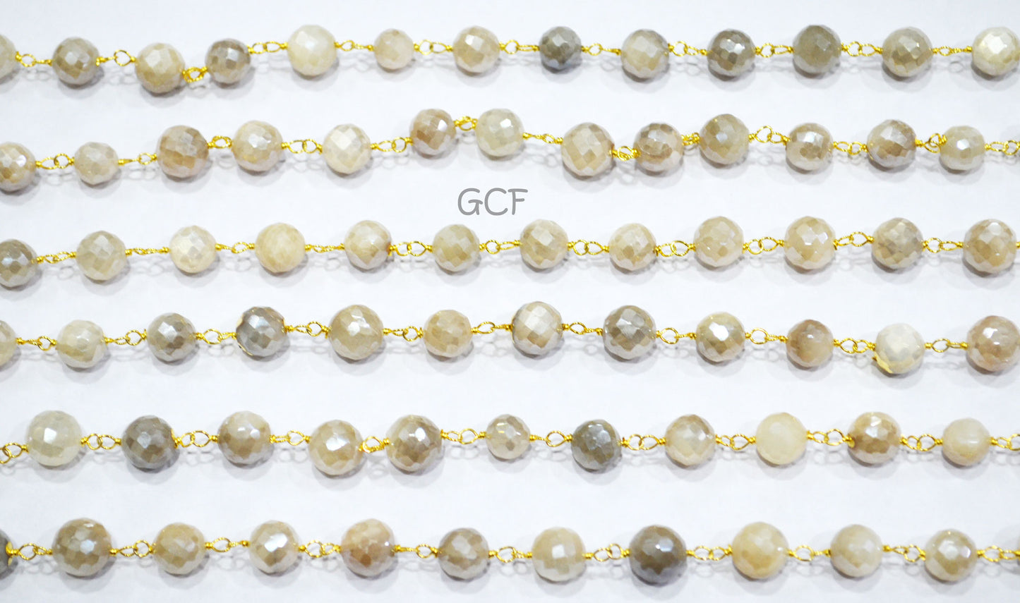 Mystic Ceylon Moonstone Faceted Round Shape Rosary Beaded Chain , Mystic Ceylon Moonstone Wire Wrapped Chain , 7 - 9 mm , RB-7118