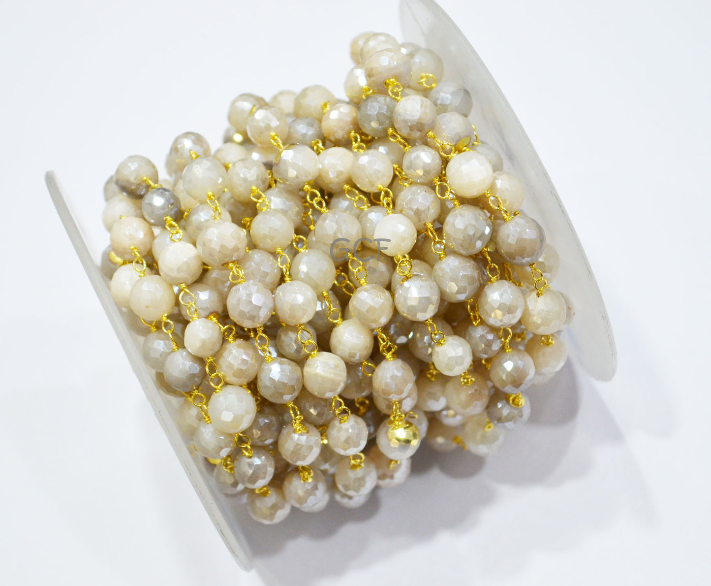 Mystic Ceylon Moonstone Faceted Round Shape Rosary Beaded Chain , Mystic Ceylon Moonstone Wire Wrapped Chain , 7 - 9 mm , RB-7118