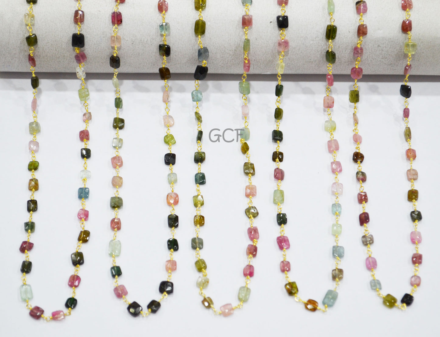 Multi Tourmaline Faceted Uneven Square Shape Rosary Beaded Chain , Multi Tourmaline Wire Wrapped Chain , Sold By Foot , 4 - 6 mm , RB-7119