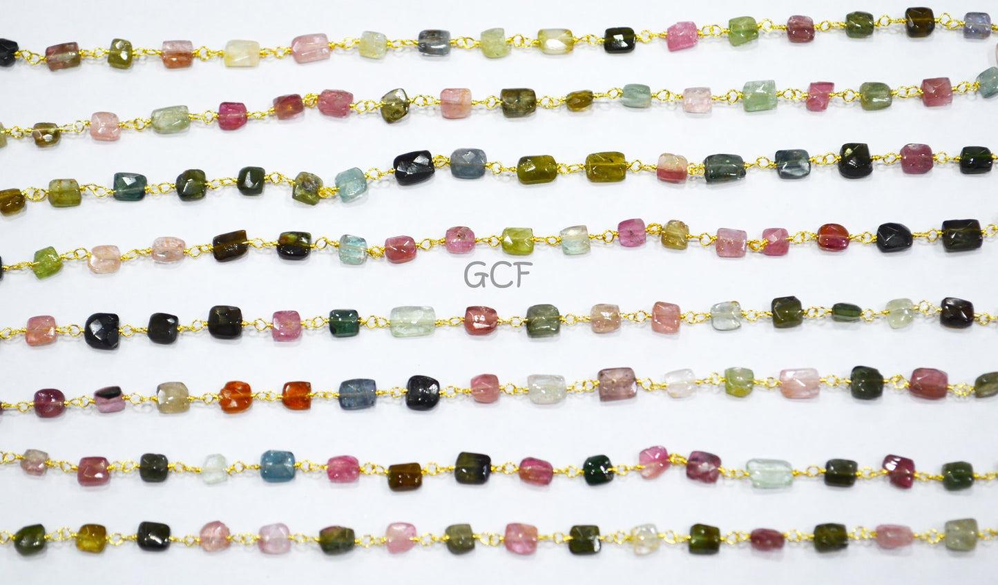 Multi Tourmaline Faceted Uneven Square Shape Rosary Beaded Chain , Multi Tourmaline Wire Wrapped Chain , Sold By Foot , 4 - 6 mm , RB-7119