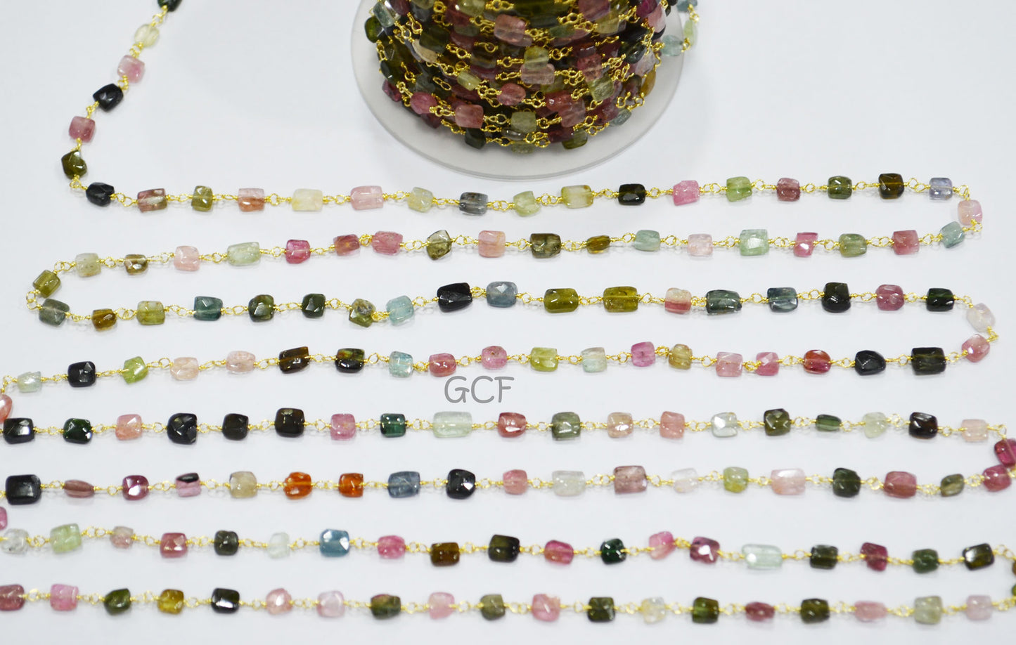 Multi Tourmaline Faceted Uneven Square Shape Rosary Beaded Chain , Multi Tourmaline Wire Wrapped Chain , Sold By Foot , 4 - 6 mm , RB-7119
