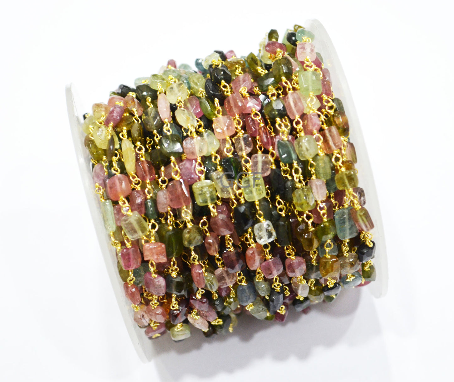 Multi Tourmaline Faceted Uneven Square Shape Rosary Beaded Chain , Multi Tourmaline Wire Wrapped Chain , Sold By Foot , 4 - 6 mm , RB-7119