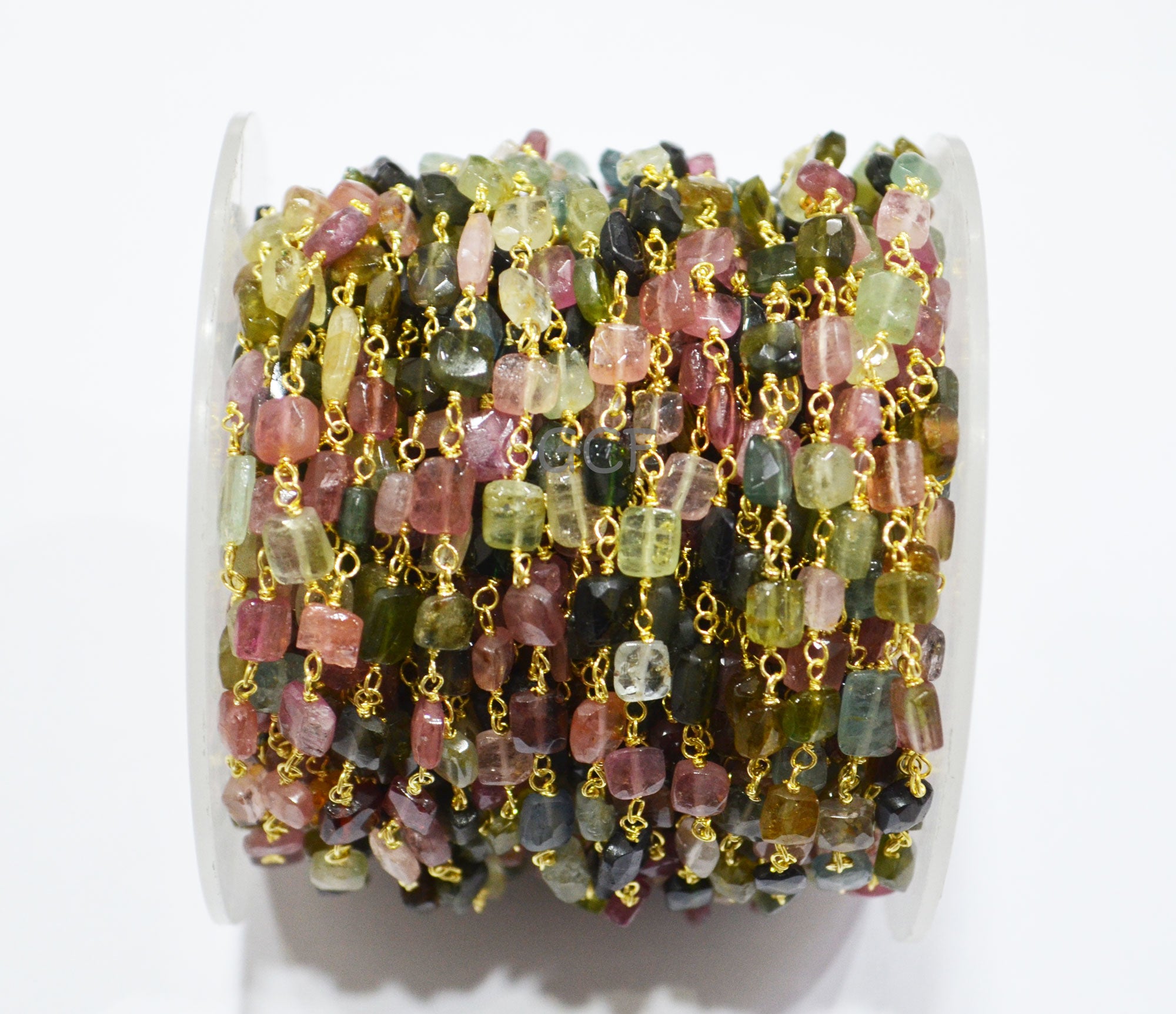 Multi Tourmaline Faceted Uneven Square Shape Rosary Beaded Chain , Multi Tourmaline Wire Wrapped Chain , Sold By Foot , 4 - 6 mm , RB-7119