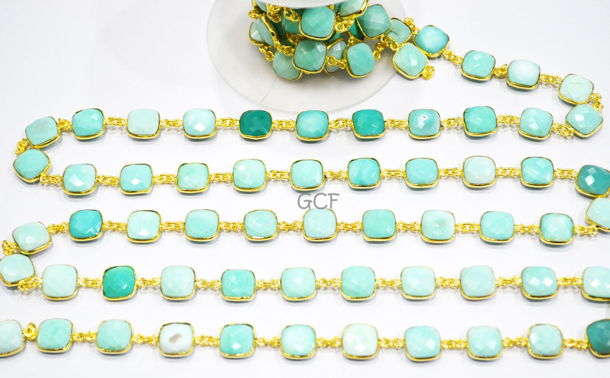 Peru Chalcedony Faceted Cushion Shape Connector Chain , Peru Chalcedony Cushion Shape Bezel Link Chain , 10 - 11 mm , RB-7120