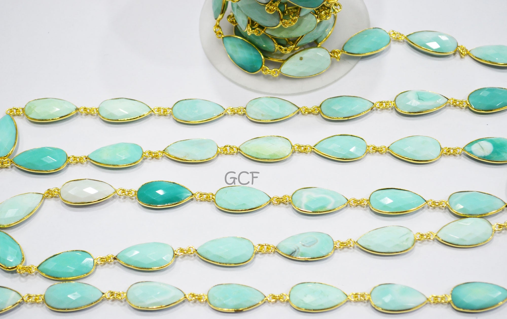 Peru Chalcedony Faceted Pear Shape Connector Chain , Peru Chalcedony Pear Shape Bezel Link Chain , 10x20 - 11x21 mm , RB-7122
