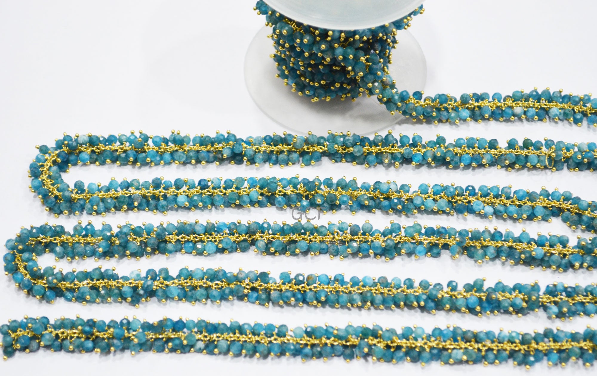 Natural Blue Neon Apatite Faceted Round Shape Angoori Cluster Chain , Natural Blue Neon Apatite Round Shape Grape Chain , 4 mm , RB-7132