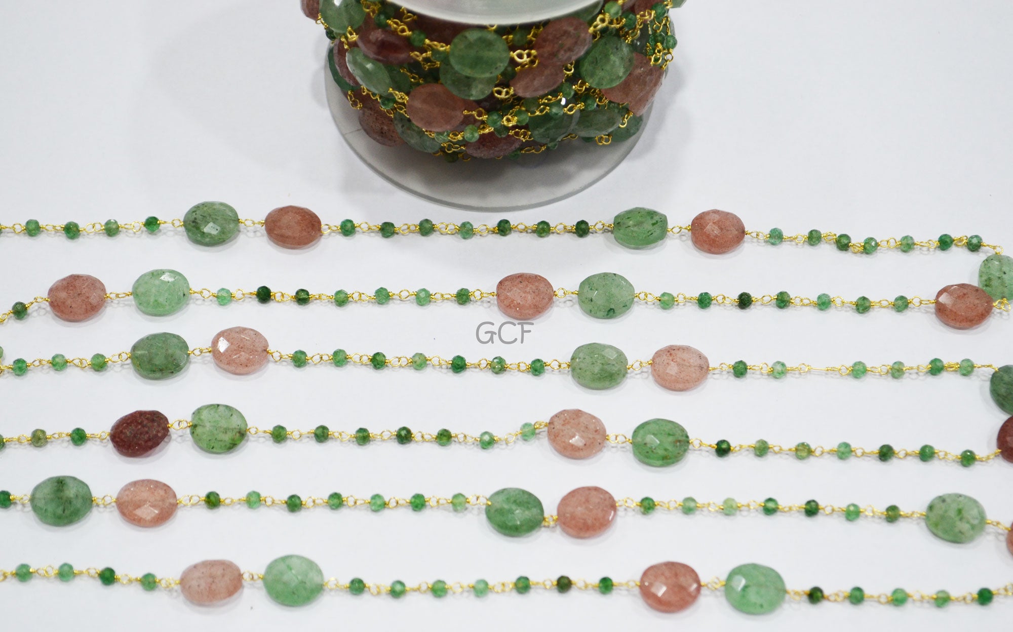 Green Strawberry Quartz Faceted Rondelle Shape Rosary Beaded Chain , Red Strawberry Quartz Oval Shape Wire Wrapped Chain , 3 mm , RB-7133