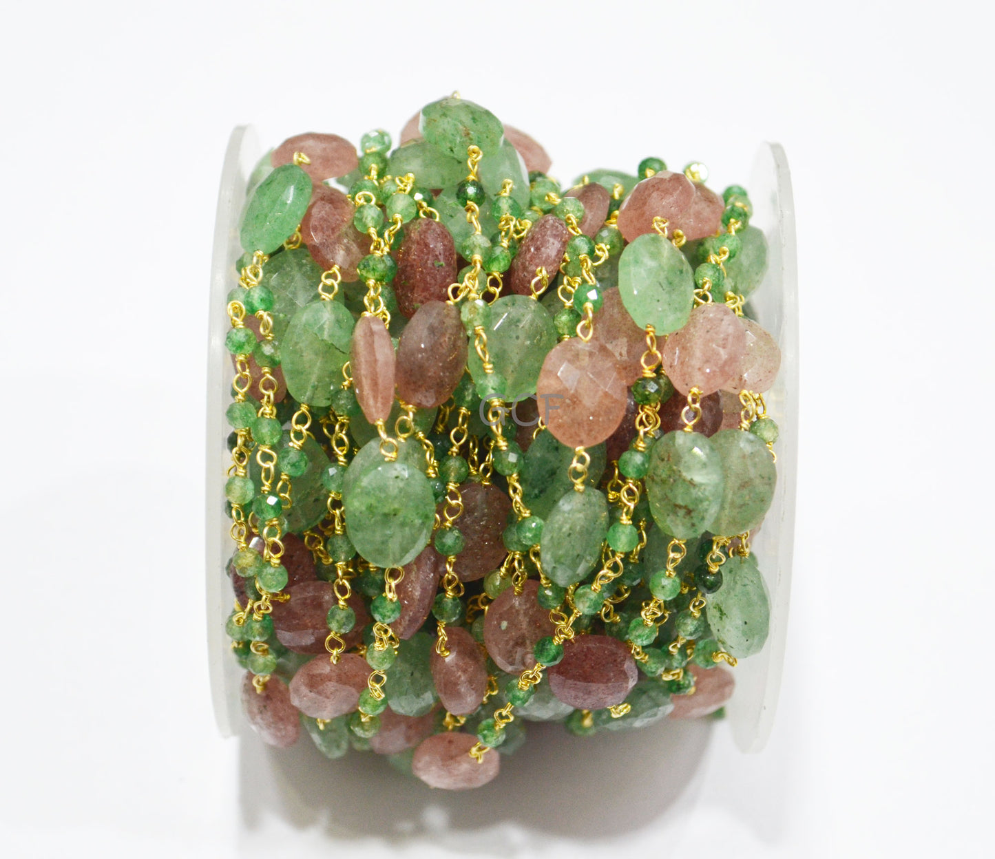 Green Strawberry Quartz Faceted Rondelle Shape Rosary Beaded Chain , Red Strawberry Quartz Oval Shape Wire Wrapped Chain , 3 mm , RB-7133