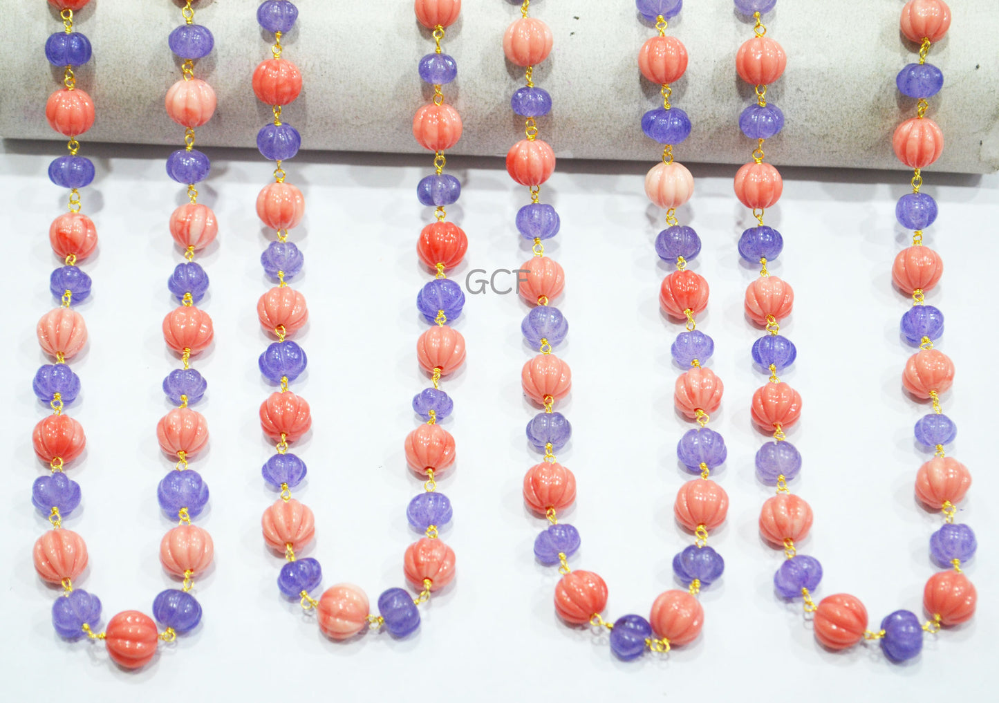 Tanzanite Quartz Carved Melon Shape Rosary Beaded Chain , Ceramic Coral Carved Melon Wire Wrapped Chain , 8 - 10 mm , RB-7134