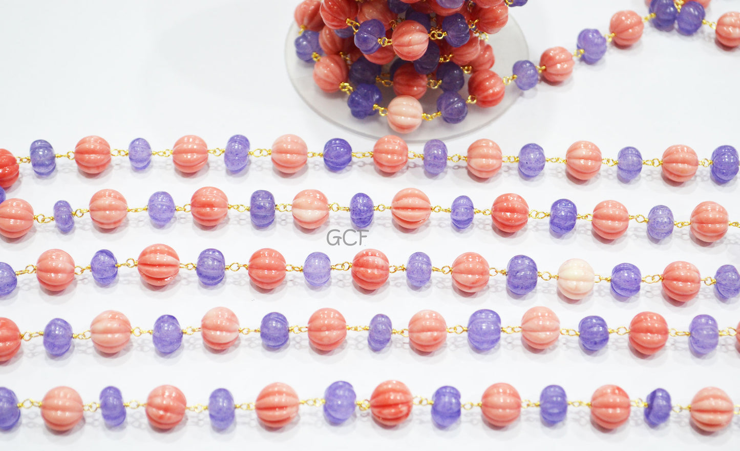 Tanzanite Quartz Carved Melon Shape Rosary Beaded Chain , Ceramic Coral Carved Melon Wire Wrapped Chain , 8 - 10 mm , RB-7134