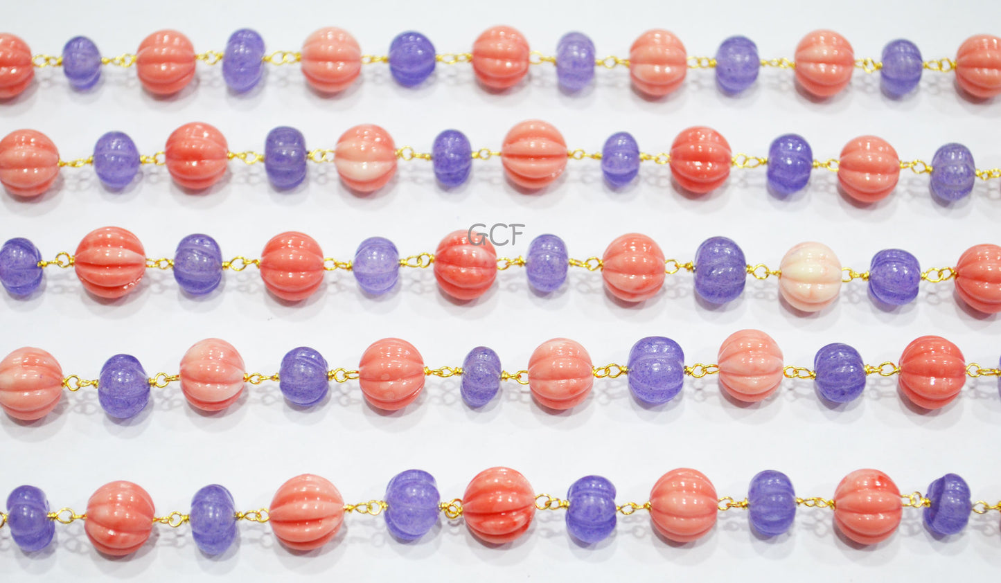 Tanzanite Quartz Carved Melon Shape Rosary Beaded Chain , Ceramic Coral Carved Melon Wire Wrapped Chain , 8 - 10 mm , RB-7134