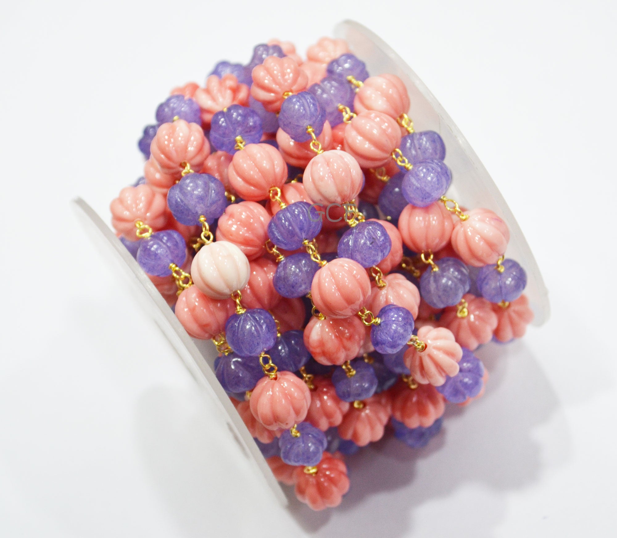 Tanzanite Quartz Carved Melon Shape Rosary Beaded Chain , Ceramic Coral Carved Melon Wire Wrapped Chain , 8 - 10 mm , RB-7134