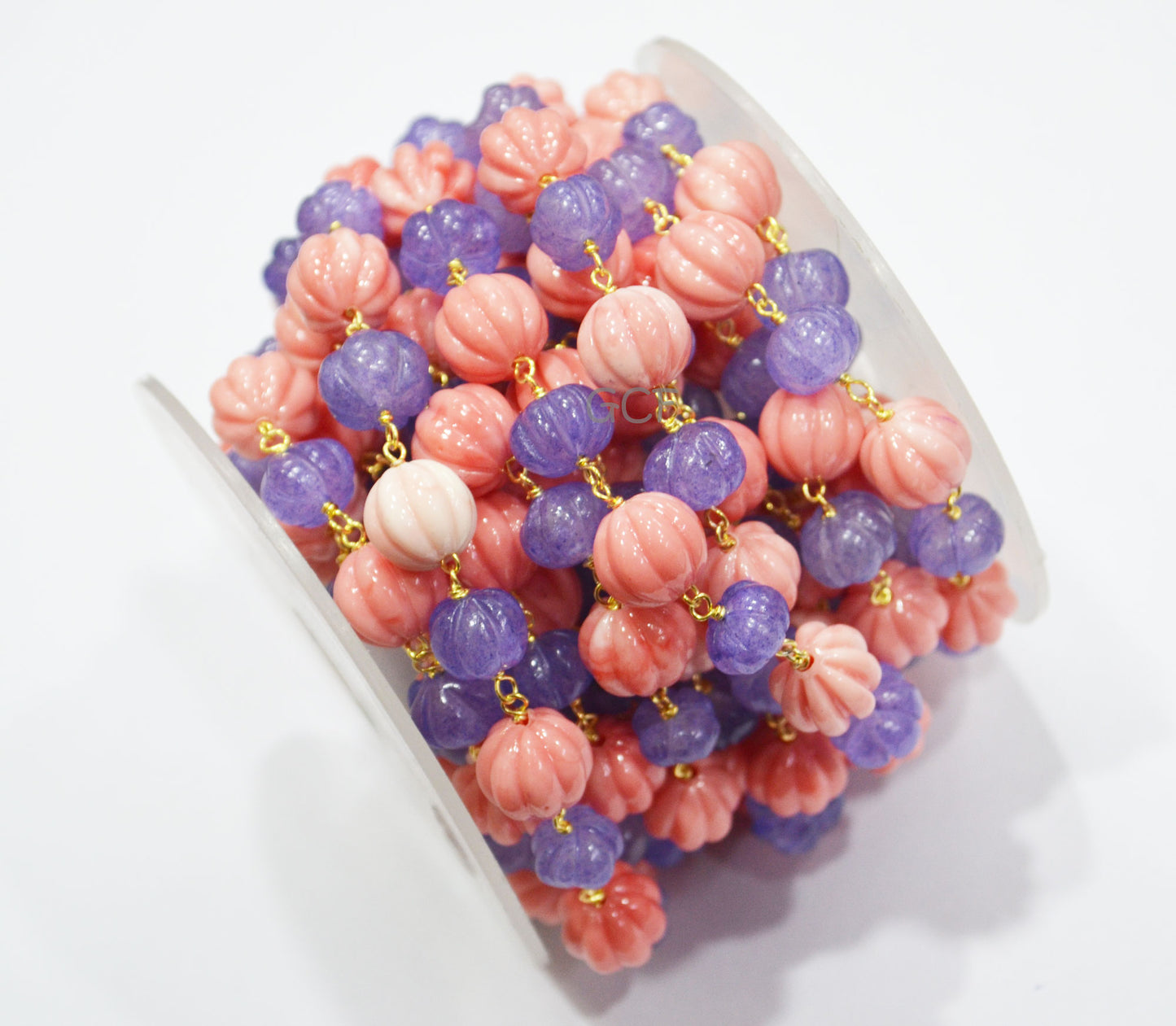 Tanzanite Quartz Carved Melon Shape Rosary Beaded Chain , Ceramic Coral Carved Melon Wire Wrapped Chain , 8 - 10 mm , RB-7134
