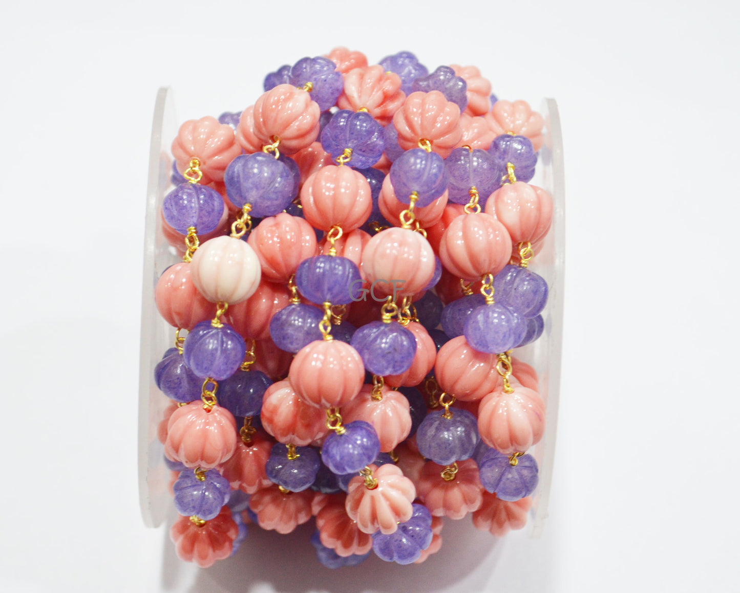 Tanzanite Quartz Carved Melon Shape Rosary Beaded Chain , Ceramic Coral Carved Melon Wire Wrapped Chain , 8 - 10 mm , RB-7134