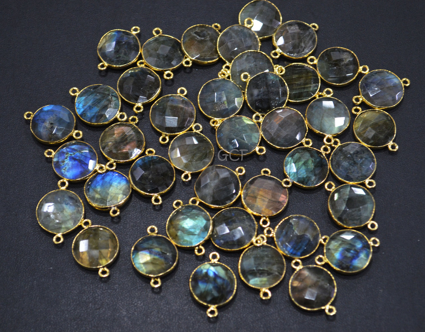 Flashy Labradorite Faceted Coin Shape Connector , Labradorite Double Bail Bezel Connector , Sold By Piece , 16 mm , RB-7146