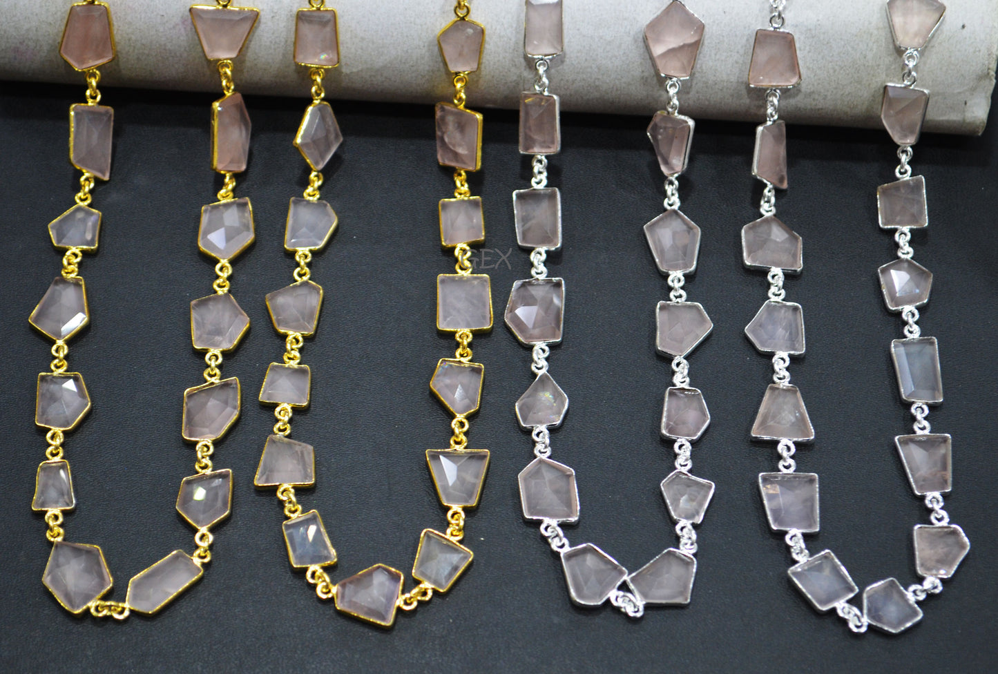 Rose Quartz Faceted Fancy Cut Shape Connector Chain , 10x12 - 13x15 mm , RB-7158