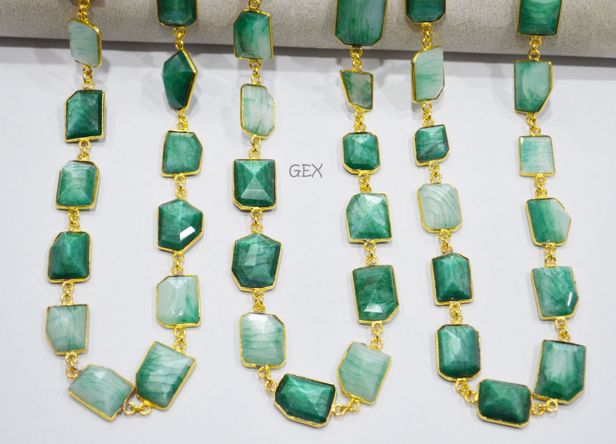 Emerald Colored Moonstone Faceted Fancy Cut Shape Connector Chain , 10x13 - 13x18 mm , RB-7159