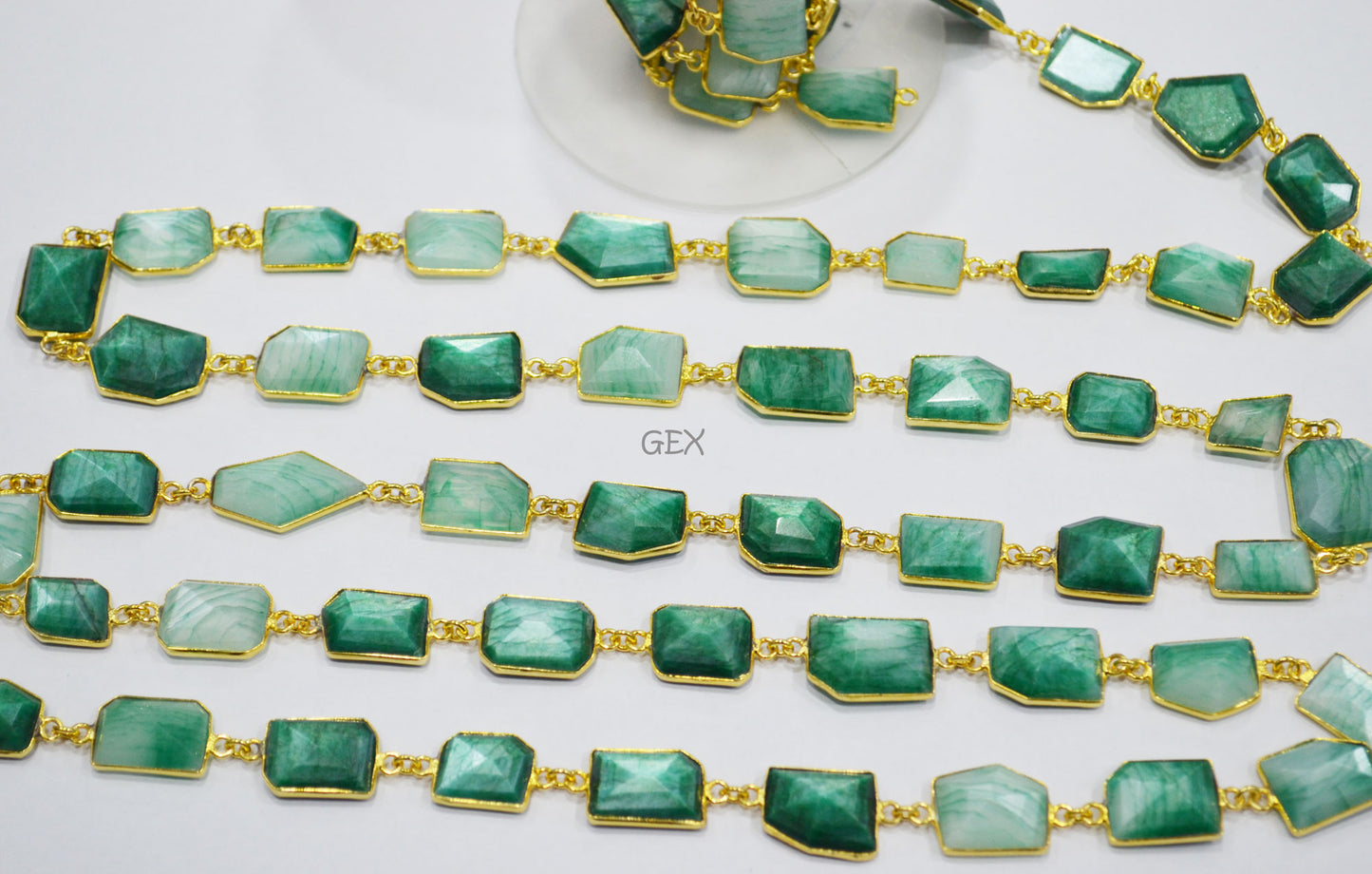 Emerald Colored Moonstone Faceted Fancy Cut Shape Connector Chain , 10x13 - 13x18 mm , RB-7159