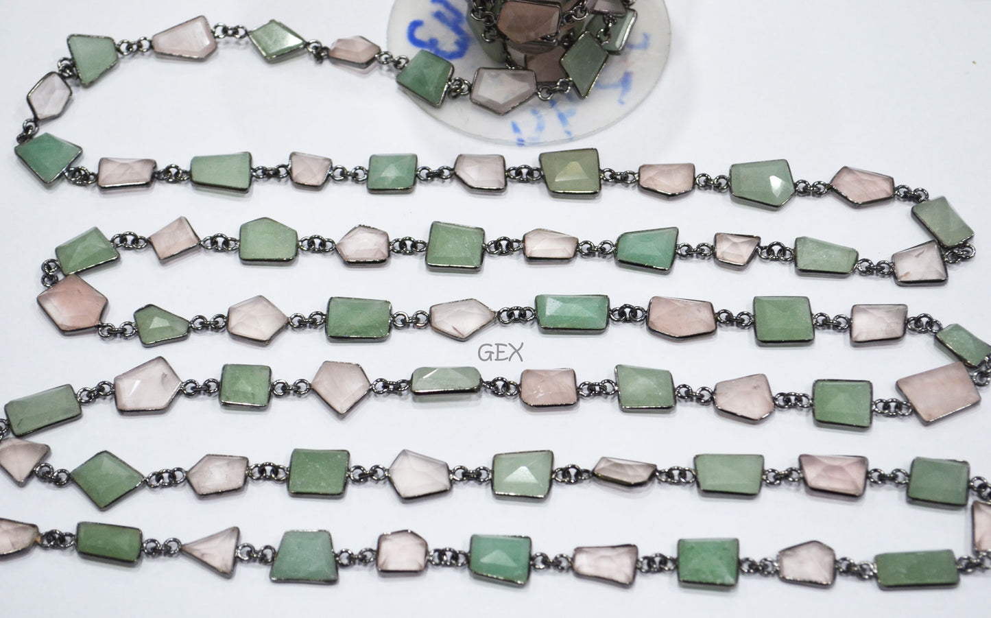 Rose Quartz And Grape Aventurine Faceted Fancy Cut Shape Connector Chain , 9x12 - 17x20 mm , RB-7161